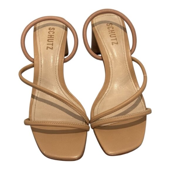 Schutz Nappa Leather Mid Heel Sandals - Chessie Mid - Nude Size 6.5 - Picture 9 of 14